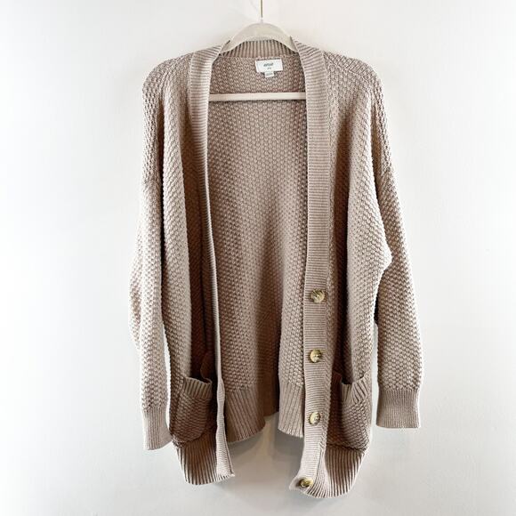 Aerie Oversized Varsity Textured Button Up V Neck Cardigan Sweater Oatmeal Tan M - Picture 4 of 5